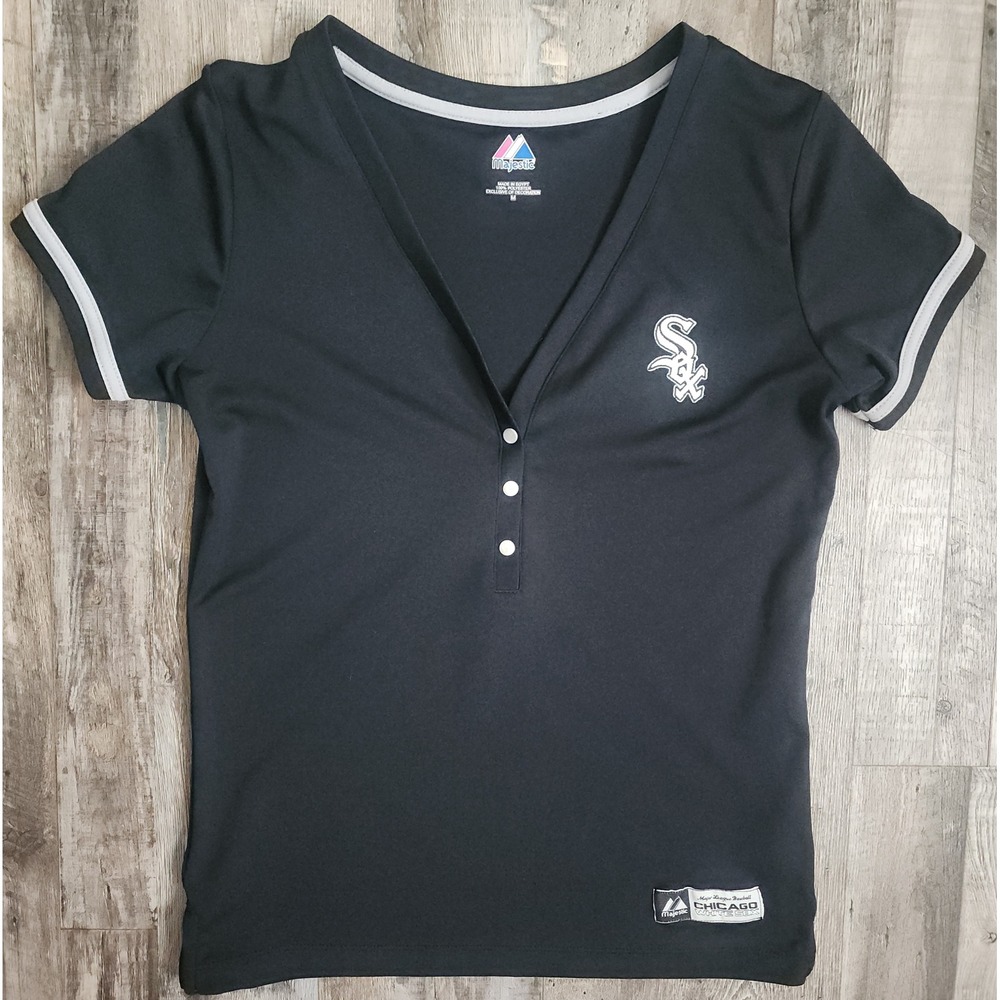 Majestic Chicago White Sox Shirt Womens Medium Black Henley V-Neck MLB Jersey